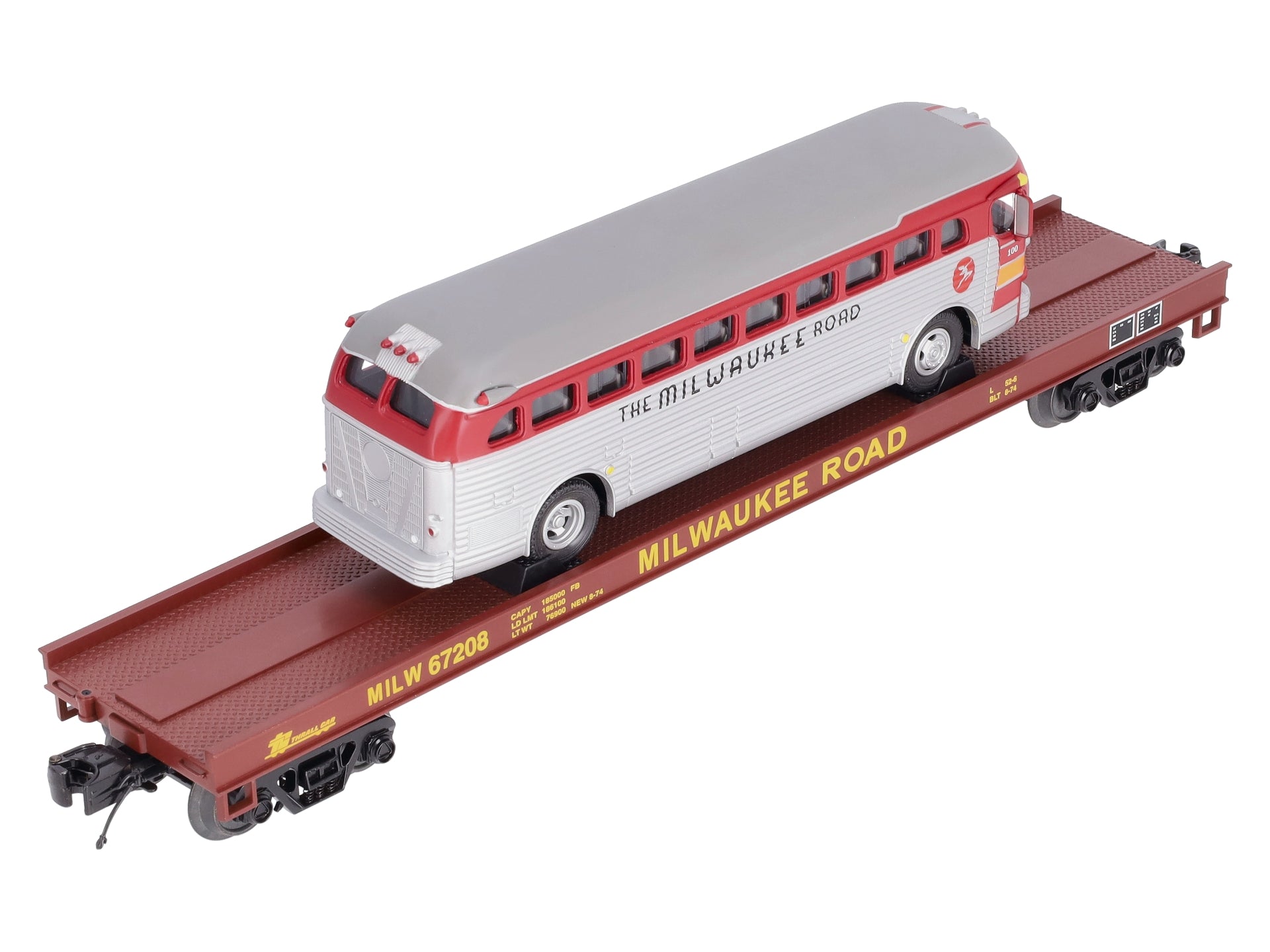 MTH 20-98831 O Gauge Milwaukee Road Flat Car w/ Diecast Bus #67208