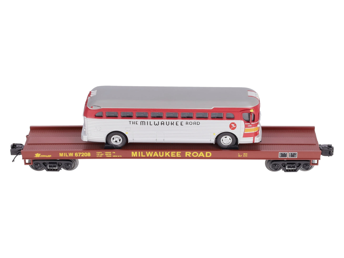 MTH 20-98831 O Gauge Milwaukee Road Flat Car w/ Diecast Bus #67208