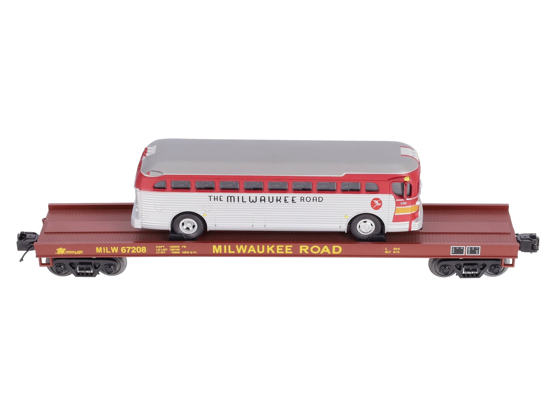 MTH 20-98831 O Gauge Milwaukee Road Flat Car w/ Diecast Bus #67208