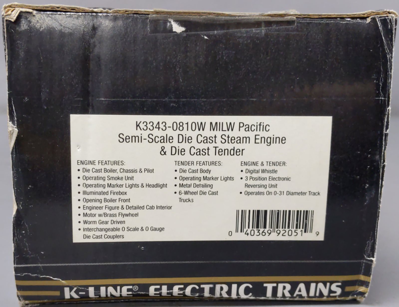 K-Line K3343-0810W MILW Pacific Semi-Scale Die Cast Steam Engine & Tender #810 LN/Box