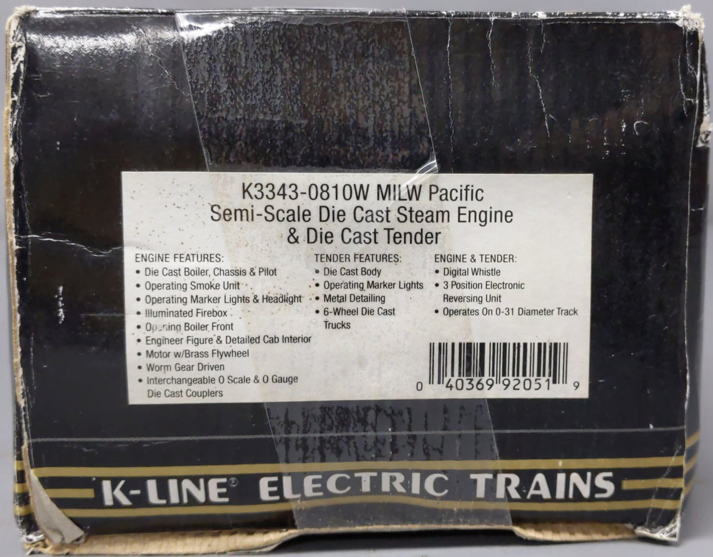 K-Line K3343-0810W MILW Pacific Semi-Scale Die Cast Steam Engine & Tender #810 LN/Box