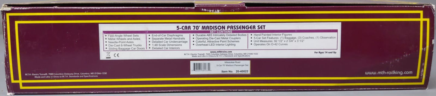MTH 20-40022 O Milwaukee Road 70' Madison Passenger Car Set (Set of 5) LN/Box