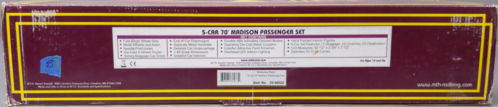 MTH 20-40022 O Milwaukee Road 70' Madison Passenger Car Set (Set of 5)
