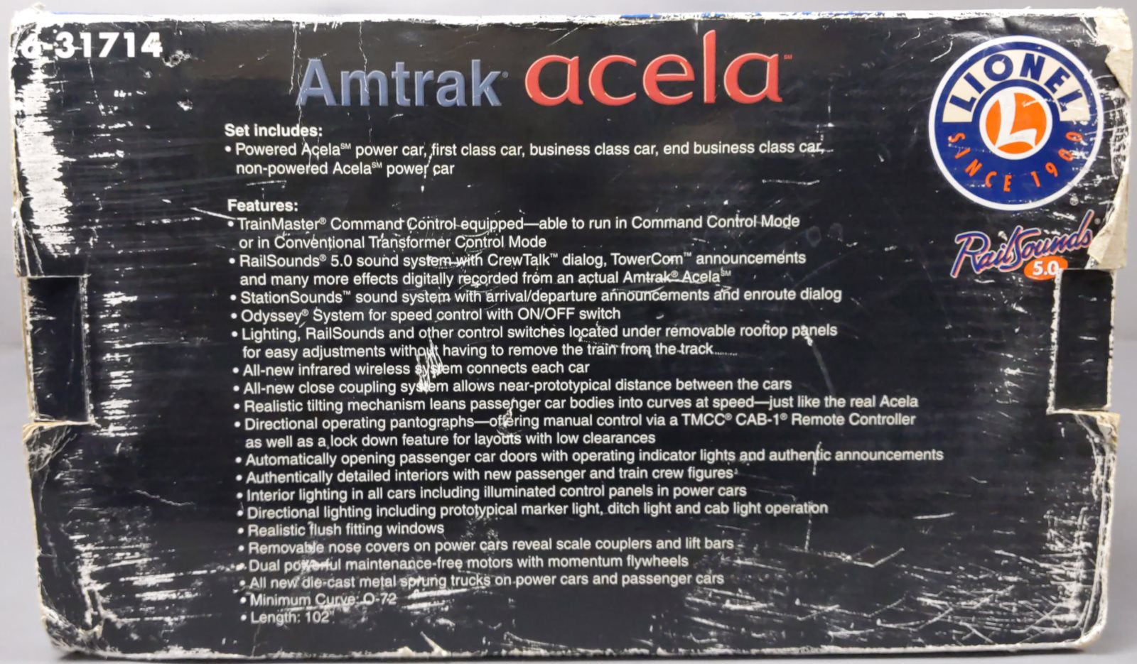 Lionel 6-31714 O Gauge Amtrak Acela Electric Train Set with Railsounds 5.0 EX/Box