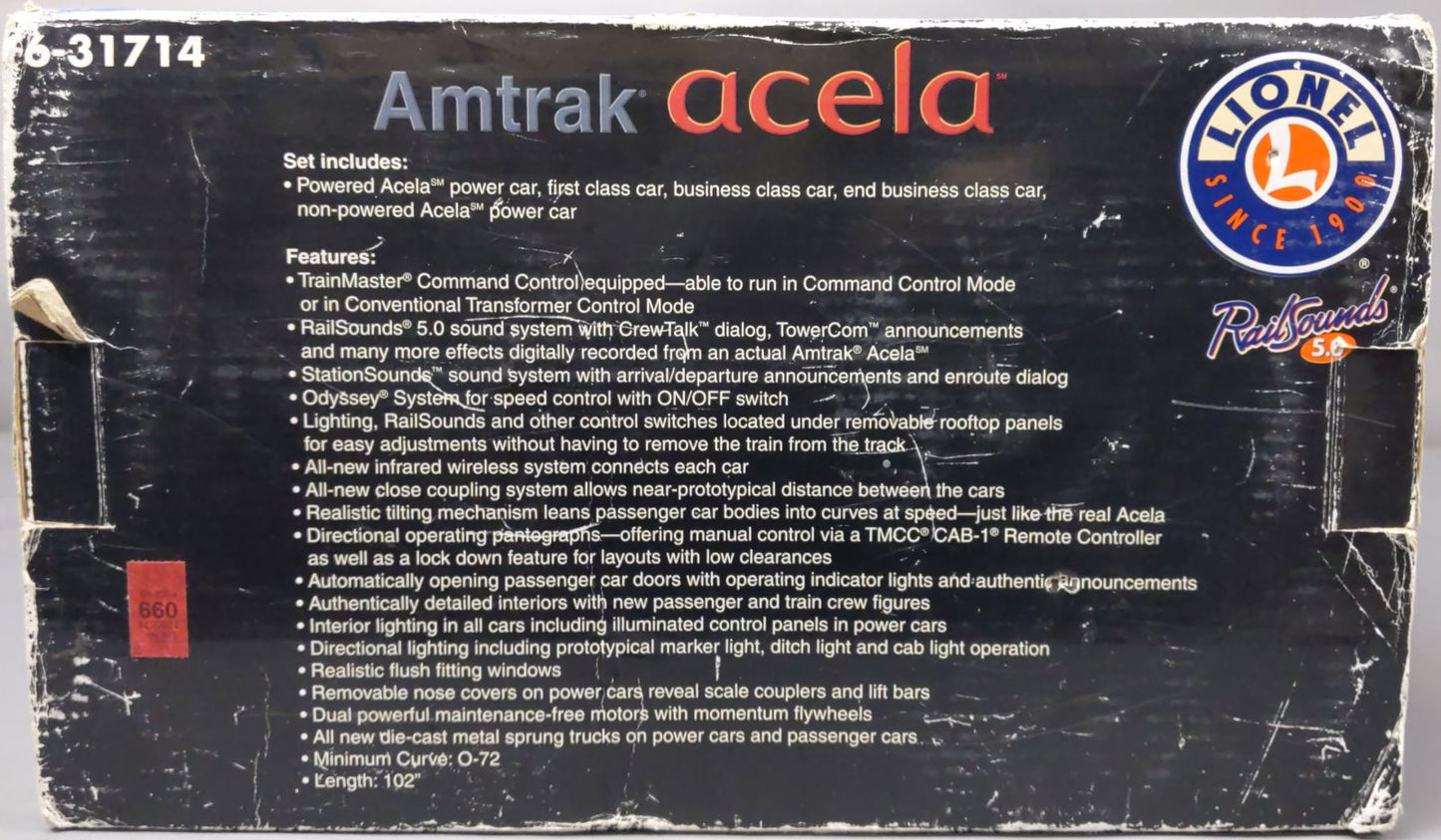 Lionel 6-31714 O Gauge Amtrak Acela Electric Train Set with Railsounds 5.0 LN/Box