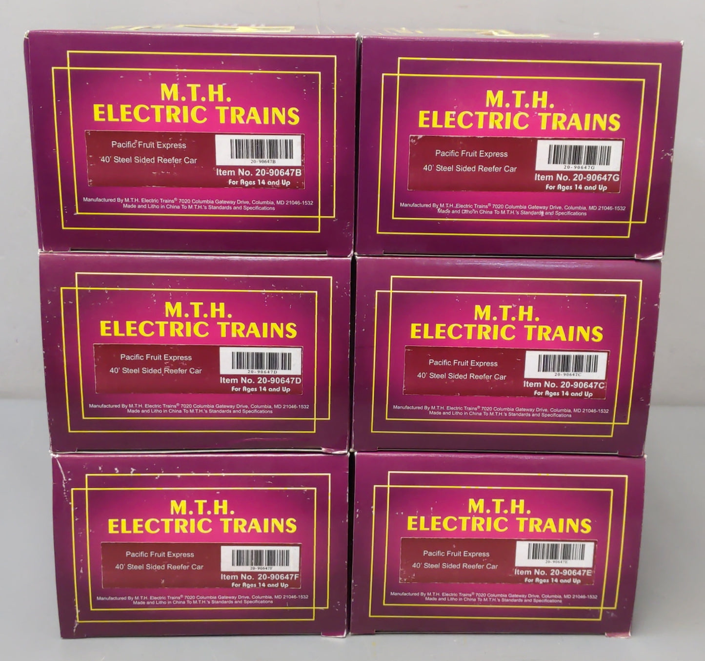 MTH 20-90647 O Pacific Fruit Express 40' Steel Sided Reefer 6-Car Set NIB