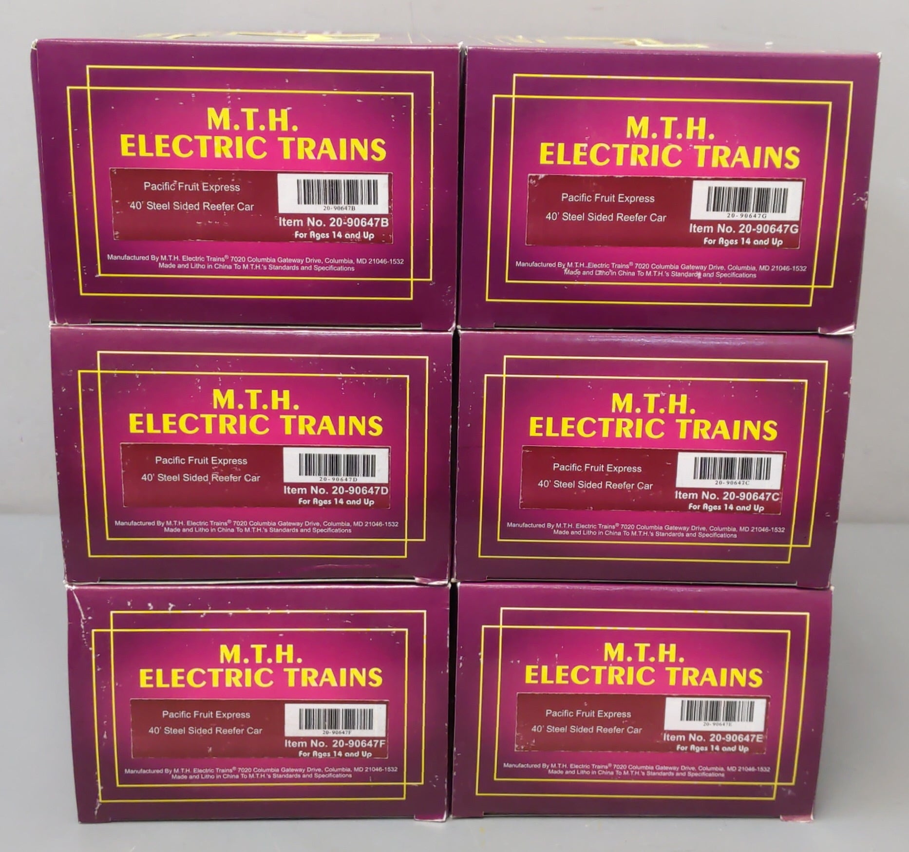 MTH 20-90647 O Pacific Fruit Express 40' Steel Sided Reefer 6-Car Set NIB