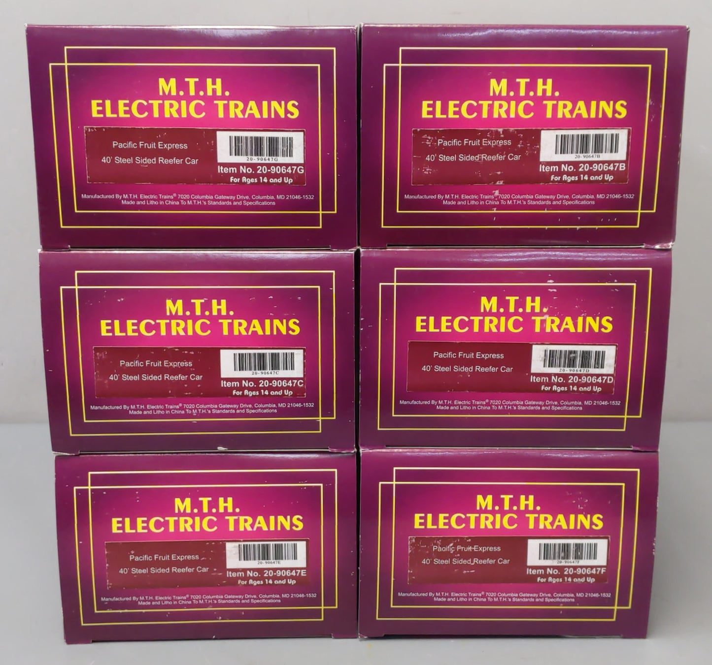 MTH 20-90647 O Pacific Fruit Express 40' Steel Sided Reefer 6-Car Set NIB