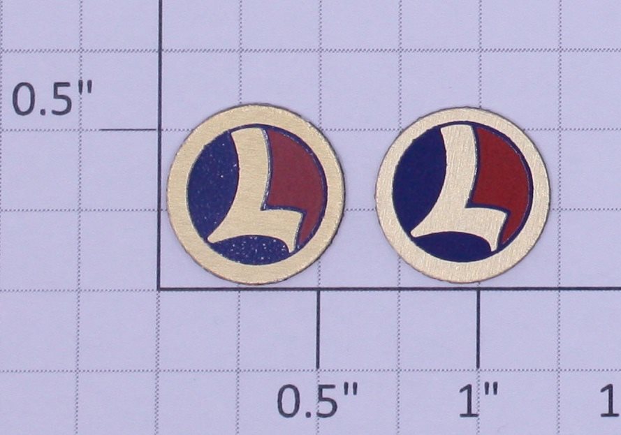 Lionel LNL-1732B 17/32" Circle "L" Red / Blue Brass Adhesive Logos (Set of 2)