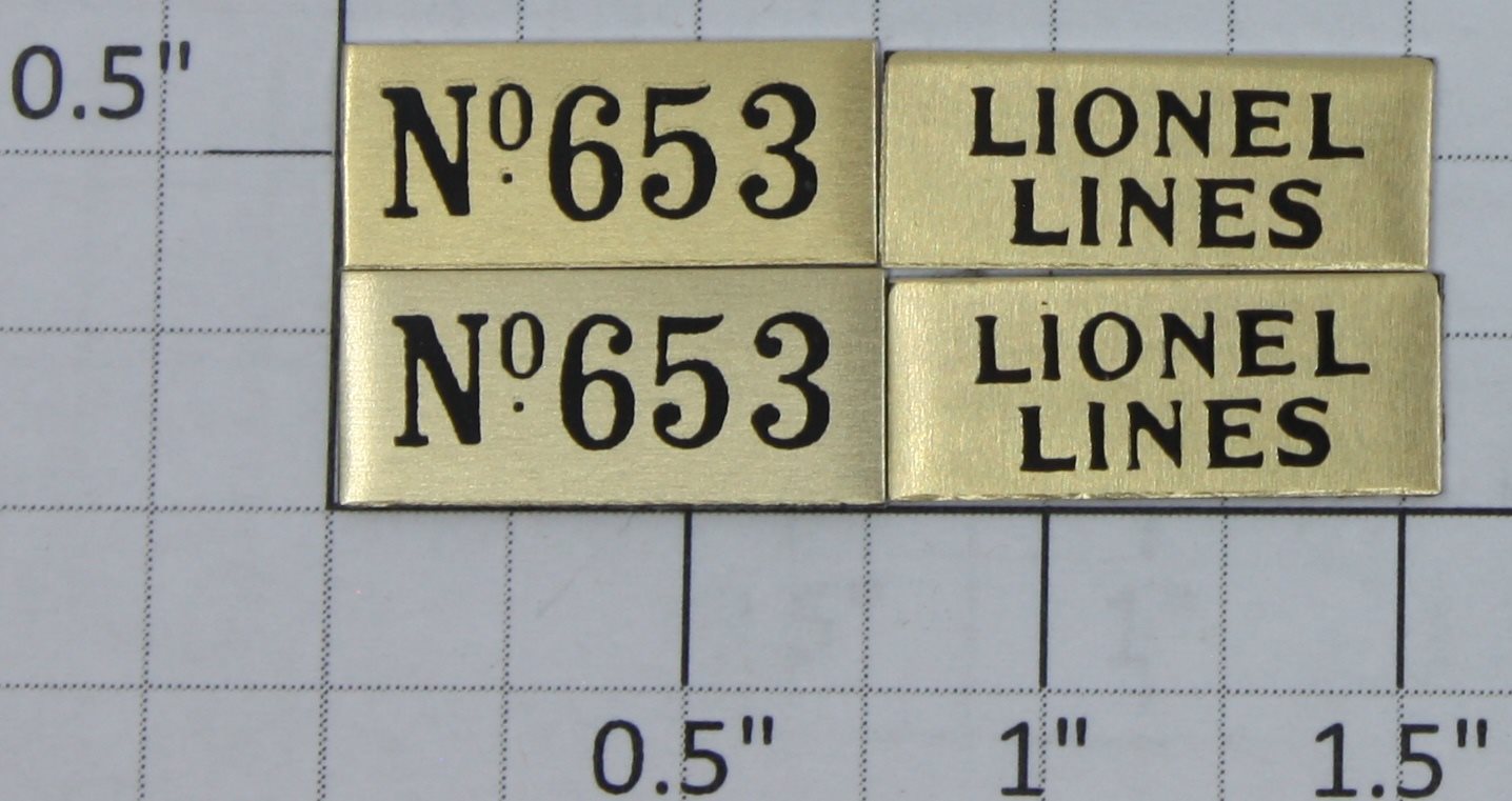 Lionel 653-PLT Lionel Lines Brass Adhesive Nameplate #653 (Pack of 4)