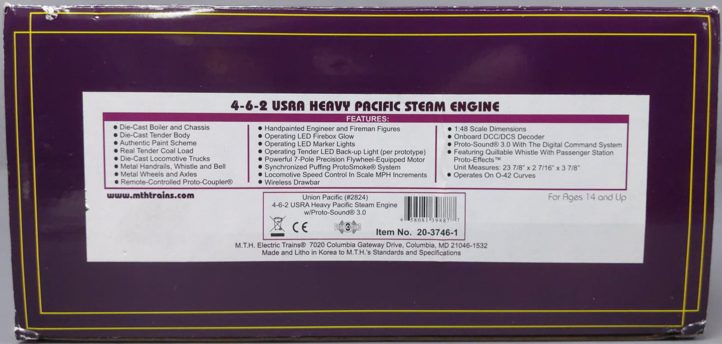 MTH 20-3746-1 O Union Pacific 4-6-2 USRA Heavy Pacific Steam Engine #2824 w/PS3