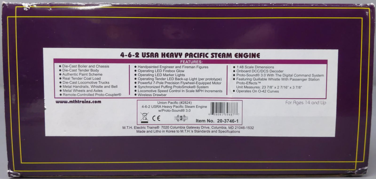 MTH 20-3746-1 O Union Pacific 4-6-2 USRA Heavy Pacific Steam Engine #2824 w/PS3