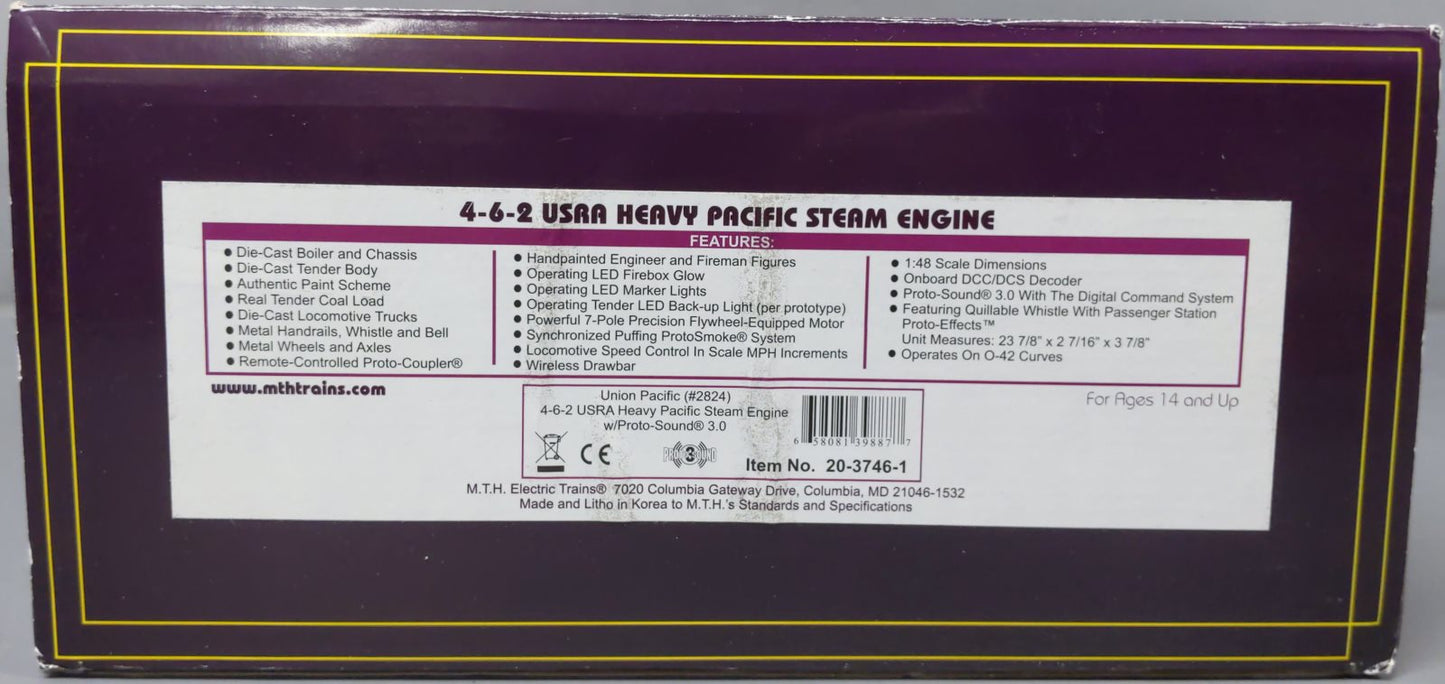 MTH 20-3746-1 O Union Pacific 4-6-2 USRA Heavy Pacific Steam Engine #2824 w/PS3