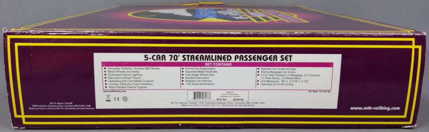 MTH 20-65152 O Santa Fe 70' Streamlined Smooth-Side Passenger Set (Set of 5)