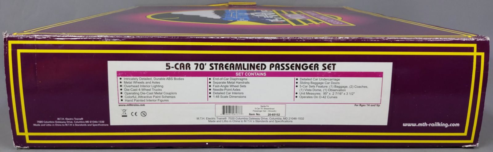 MTH 20-65152 O Santa Fe 70' Streamlined Smooth-Side Passenger Set (Set of 5)