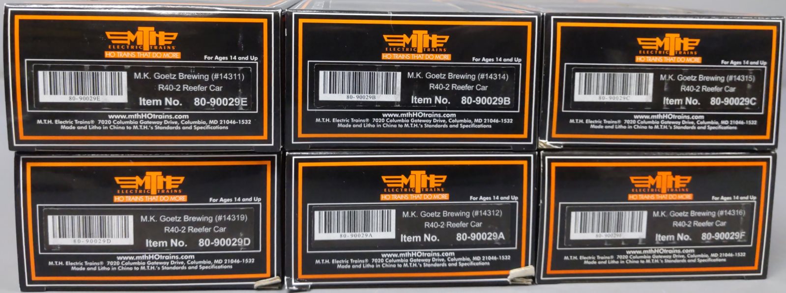 MTH 80-90029 HO Scale M.K. Goetz Brewing R40-2 Woodsided Reefer Cars (Set of 6)