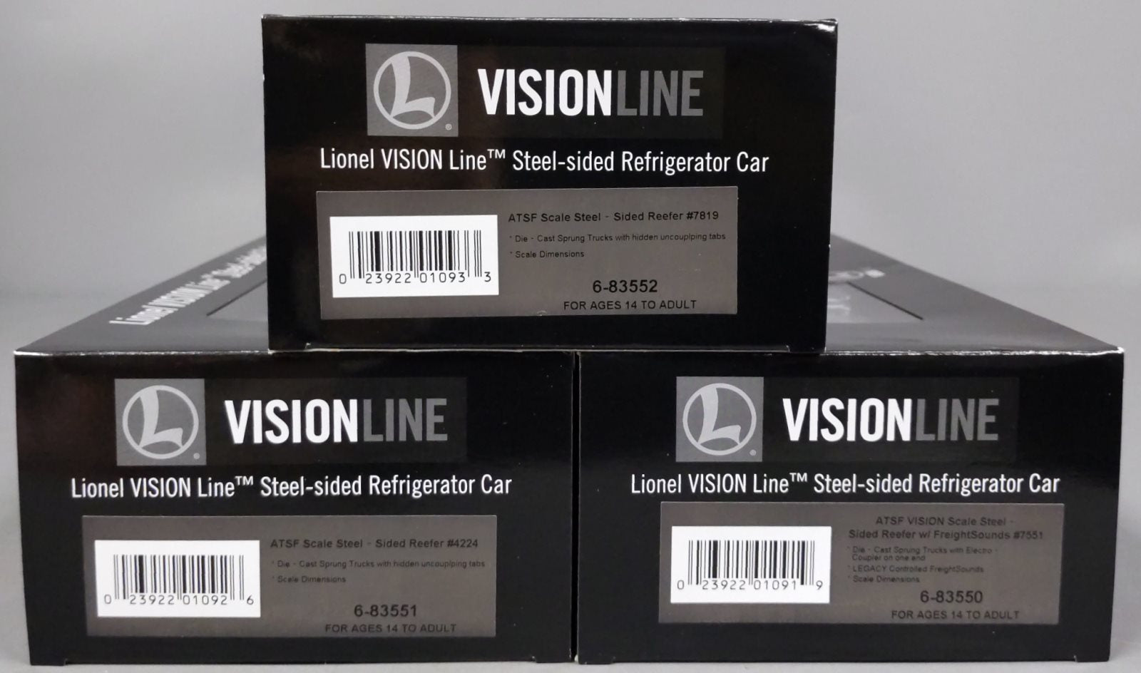 Lionel 6-83549 O VISIONLINE ATSF Reefers w/One Operating Car (Set of 3)