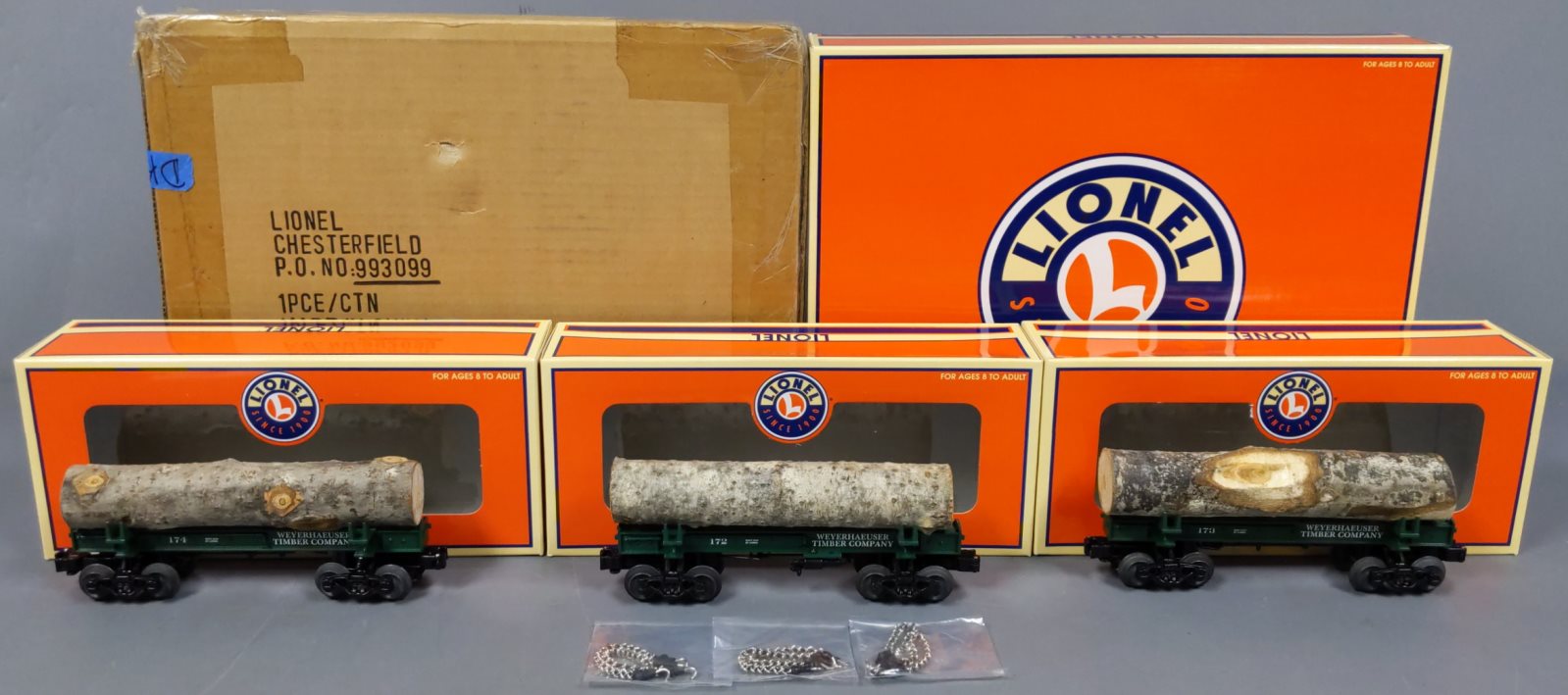 Lionel 6-29434 O Weyerhaeuser Timber Skelton Log Cars (3 Pack) LN/Box
