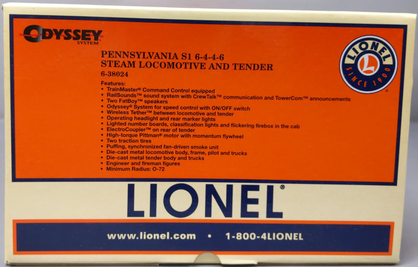 Lionel 6-38024 O Pennsylvania S1 6-4-4-6 Steam Loco & Tender #6100 w/Odyssey LN/Box