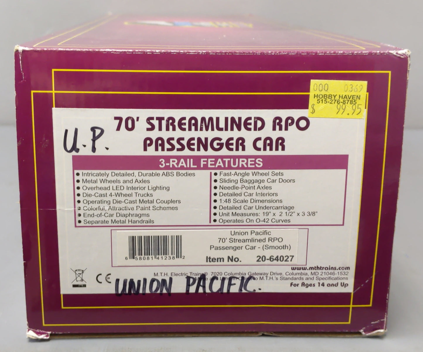 MTH 20-64027 O Union Pacific 70' Streamlined RPO Passenger Car #5815