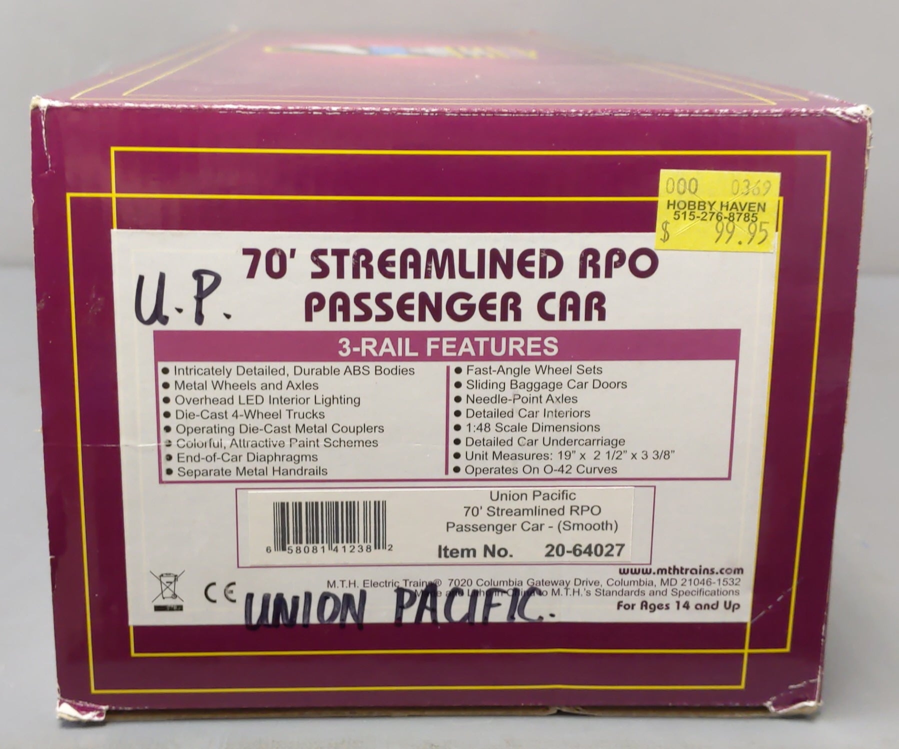MTH 20-64027 O Union Pacific 70' Streamlined RPO Passenger Car #5815