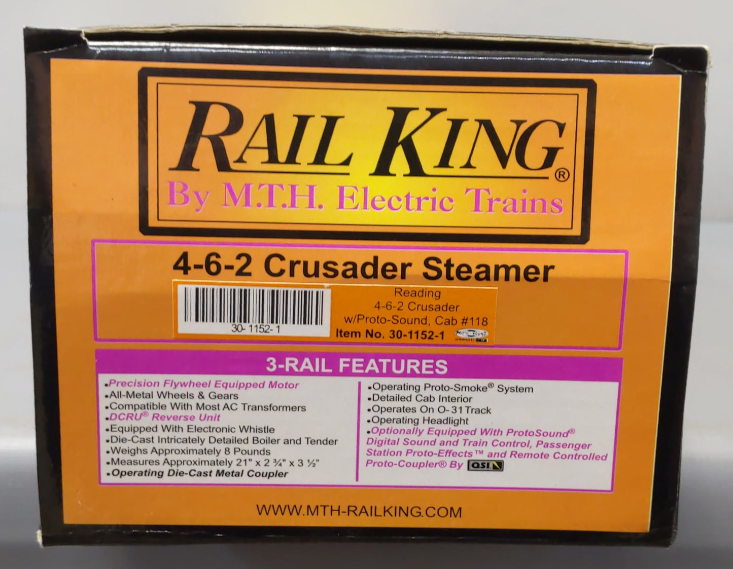 MTH 30-1152-1 O Reading 4-6-2 Crusader Steam Locomotive & Tender #118 w/PS1 NIB