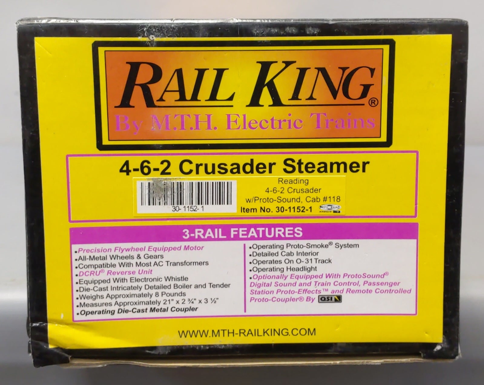 MTH 30-1152-1 O Reading 4-6-2 Crusader Steam Locomotive & Tender #118 w/PS1 NIB