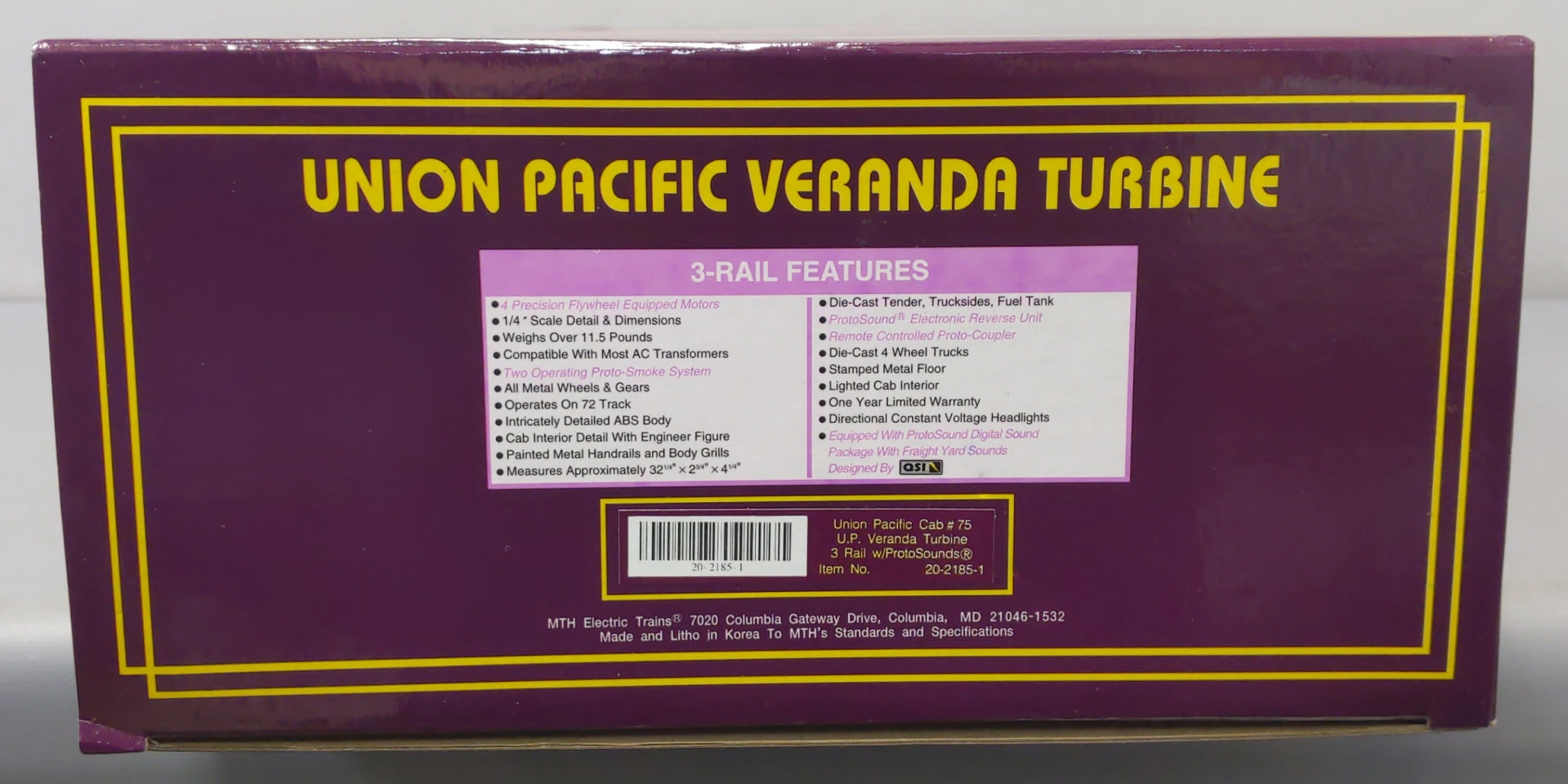 MTH 20-2185-1 O Gauge Union Pacific Veranda Turbine Locomotive w/PS1 #75 LN/Box