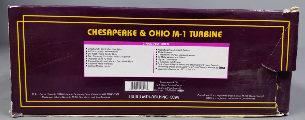 MTH 20-3042-1 O Chesapeake & Ohio M-1 Steam Turbine Electric Locomotive w/PS1 LN/Box