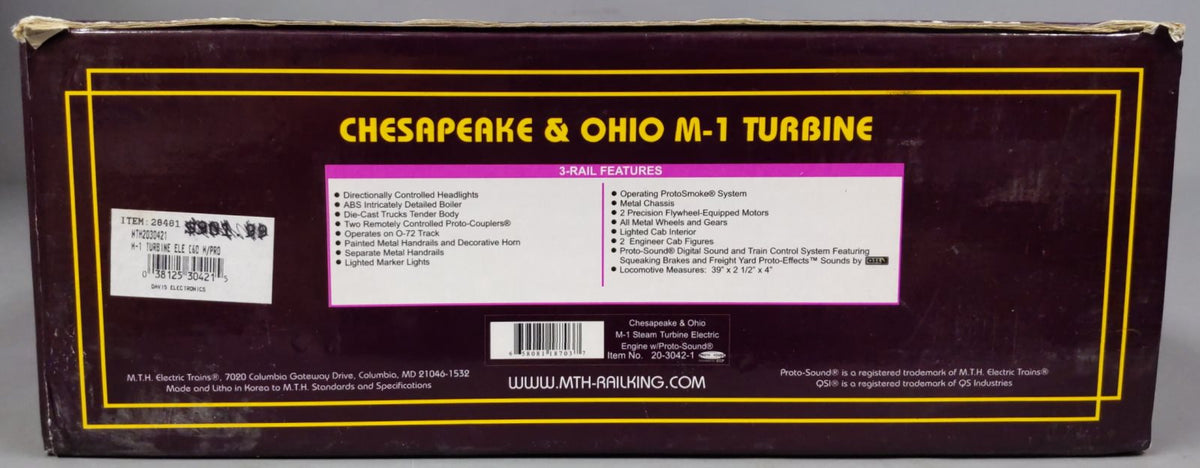 MTH 20-3042-1 O Chesapeake & Ohio M-1 Steam Turbine Electric Locomotive w/PS1 LN/Box