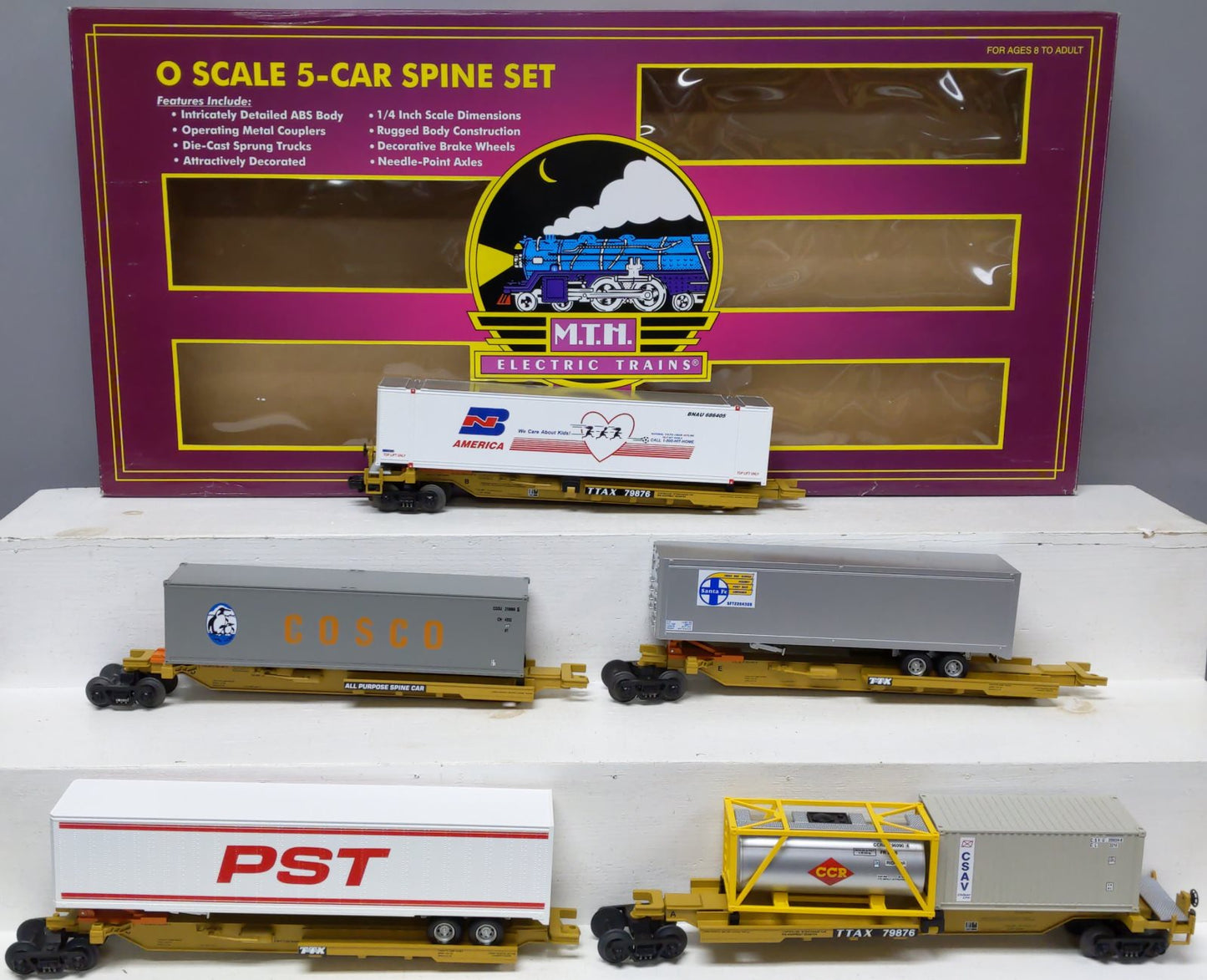 MTH 20-95035 O Gauge T.T.U.X. Spine Car Set with Loads (Set of 5) LN/Box
