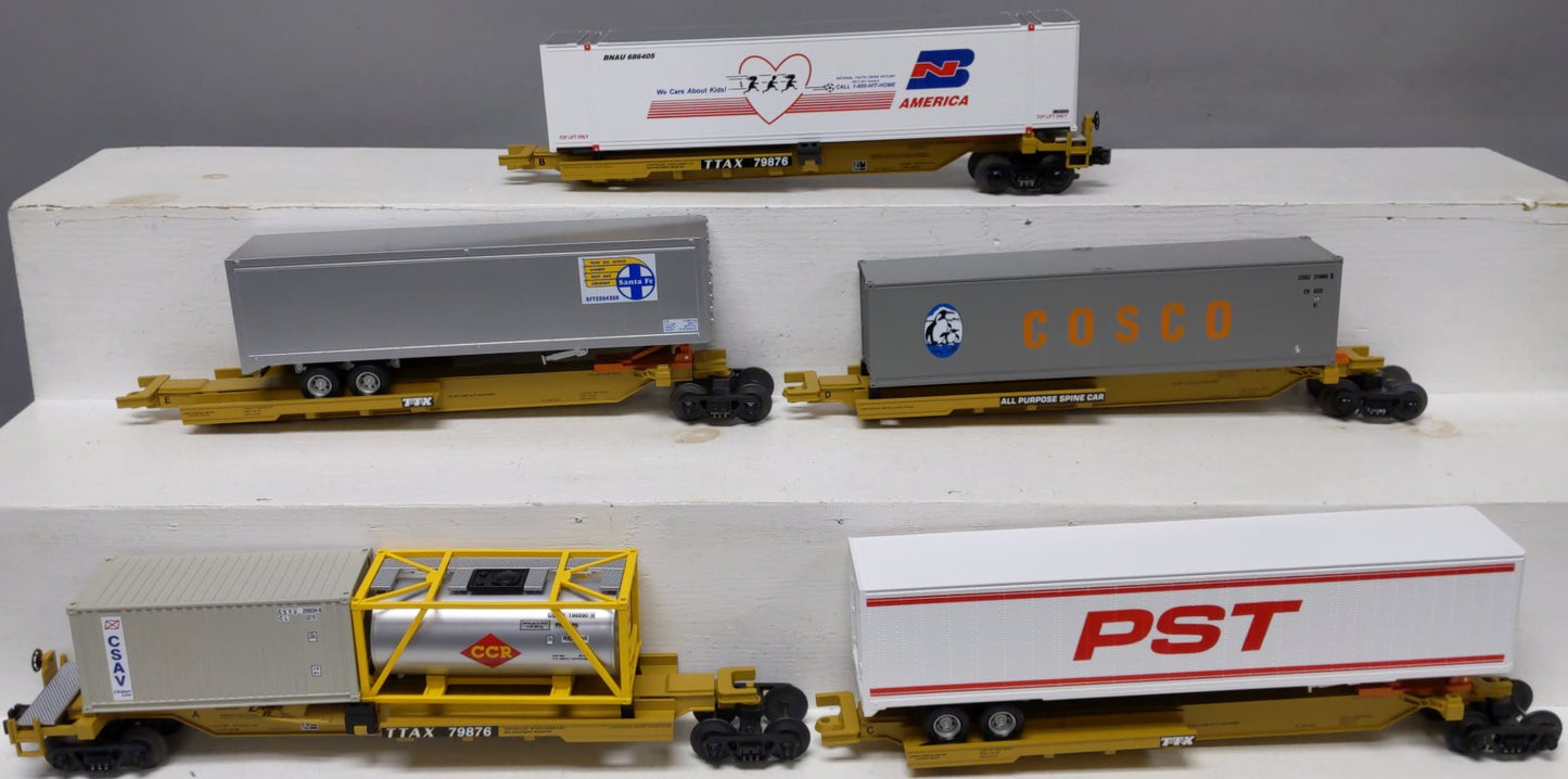 MTH 20-95035 O Gauge T.T.U.X. Spine Car Set with Loads (Set of 5) EX/Box
