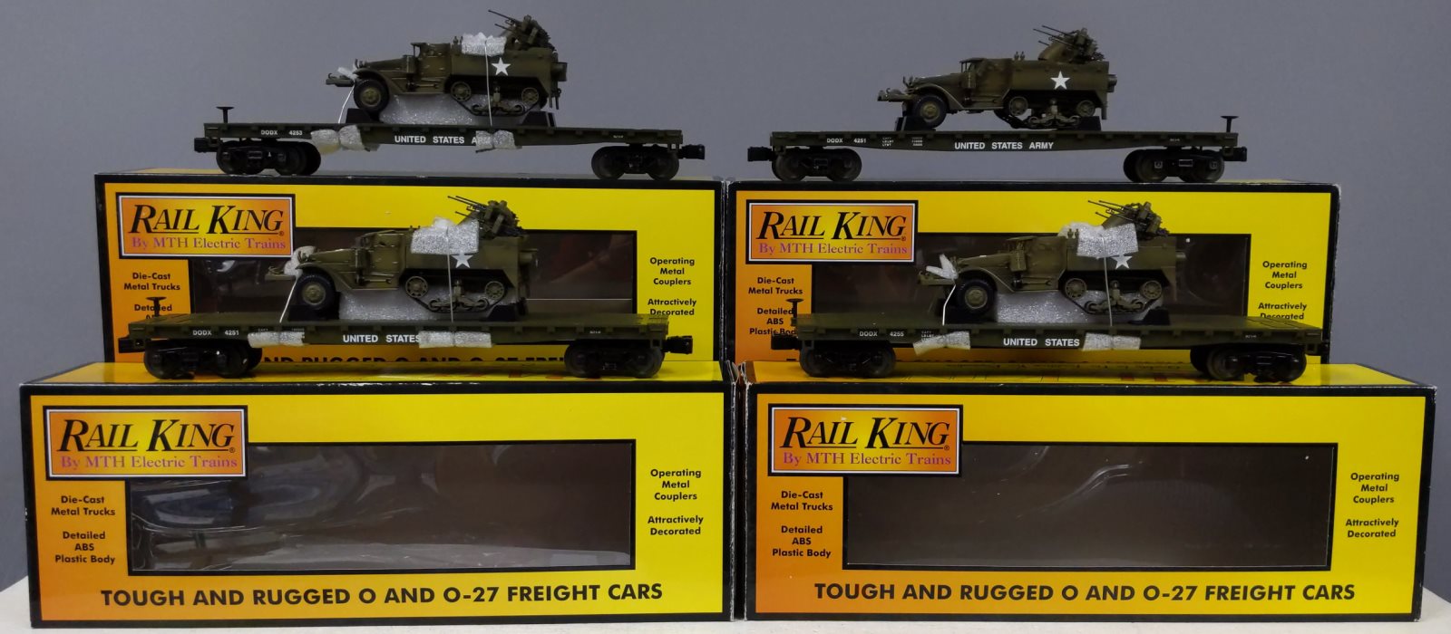 MTH 30-7097 O U.S. Army Flat Car w/Half-Track M16 Scout Car (Set of 4)