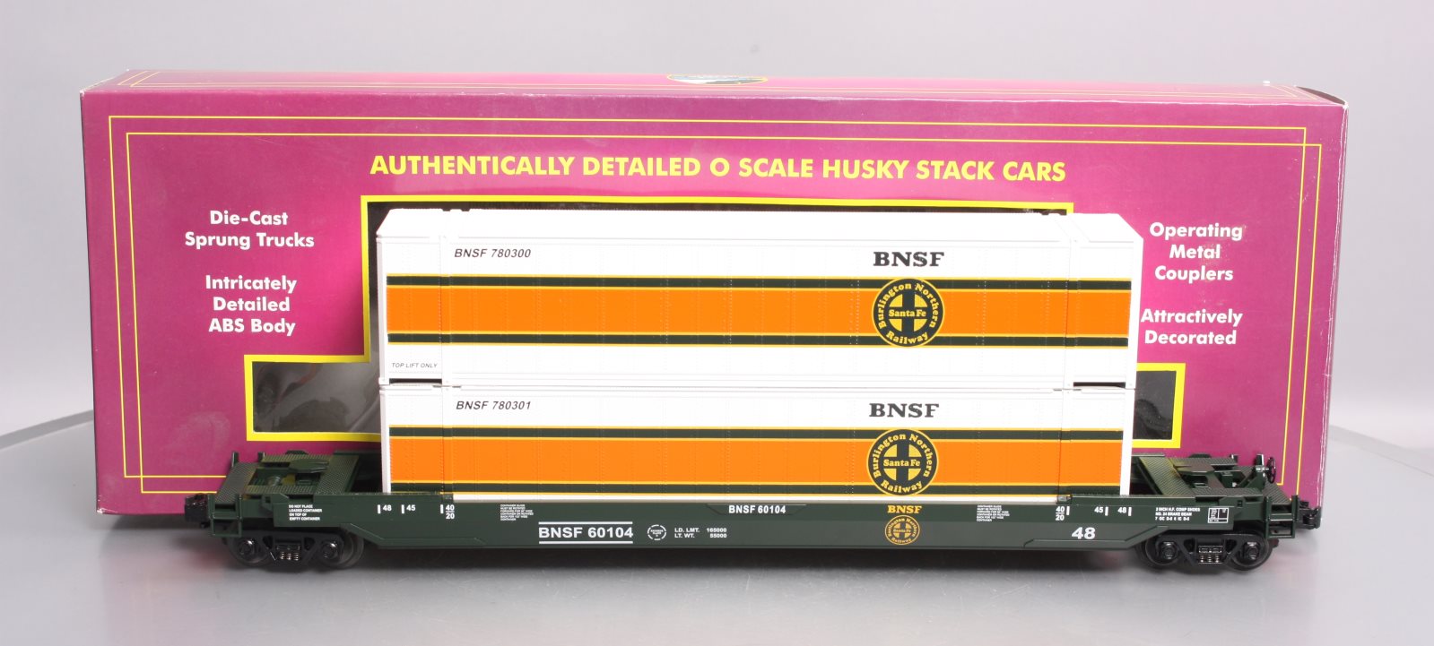 MTH 20-95005 O Gauge BNSF Husky Stack Car w/ Containers #60104 EX/Box