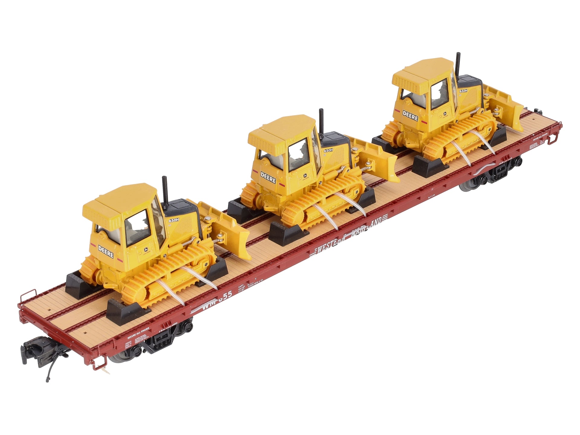 MTH 20-98640 O Western Maryland 60’ Flat Car with 3 John Deere 650H Bull Dozers LN/Box