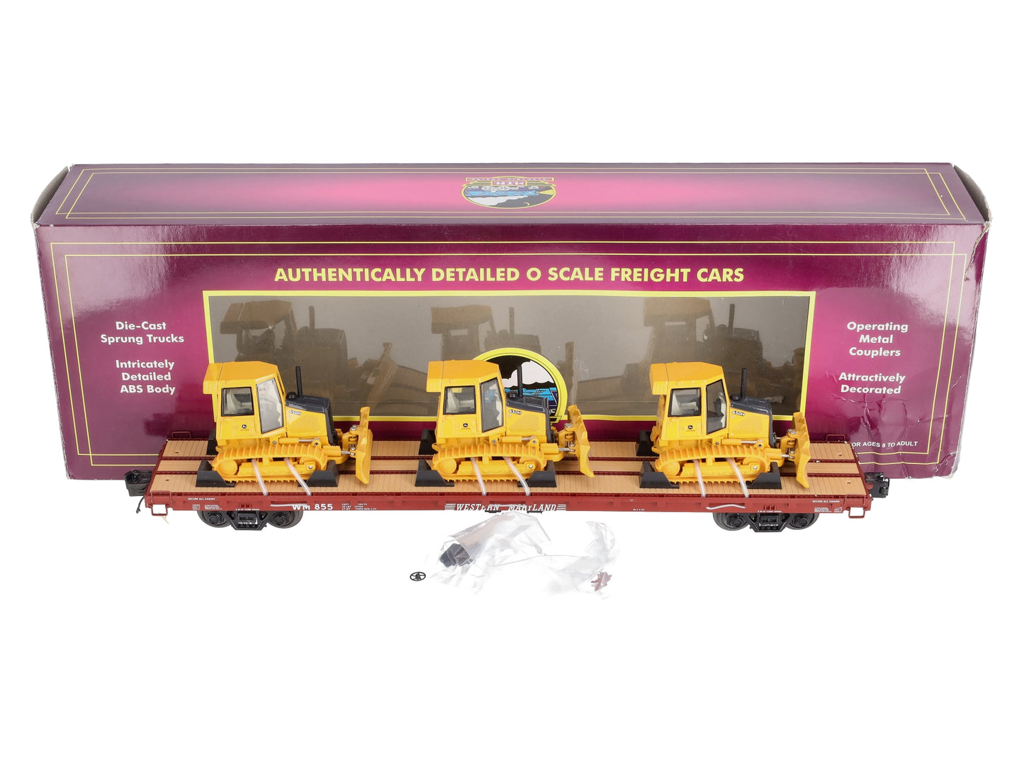 MTH 20-98640 O Western Maryland 60’ Flat Car with 3 John Deere 650H Bull Dozers LN/Box