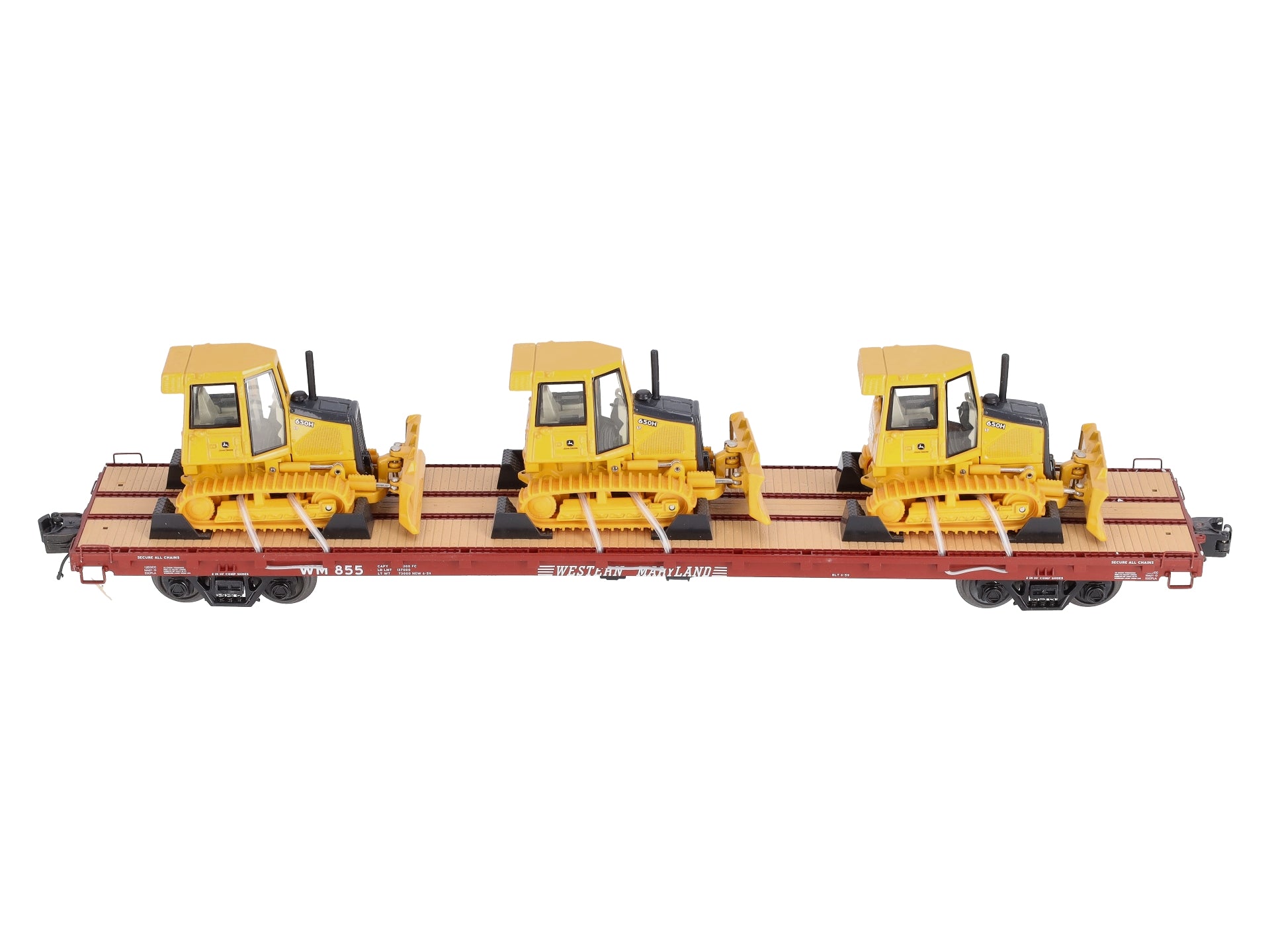 MTH 20-98640 O Western Maryland 60’ Flat Car with 3 John Deere 650H Bull Dozers