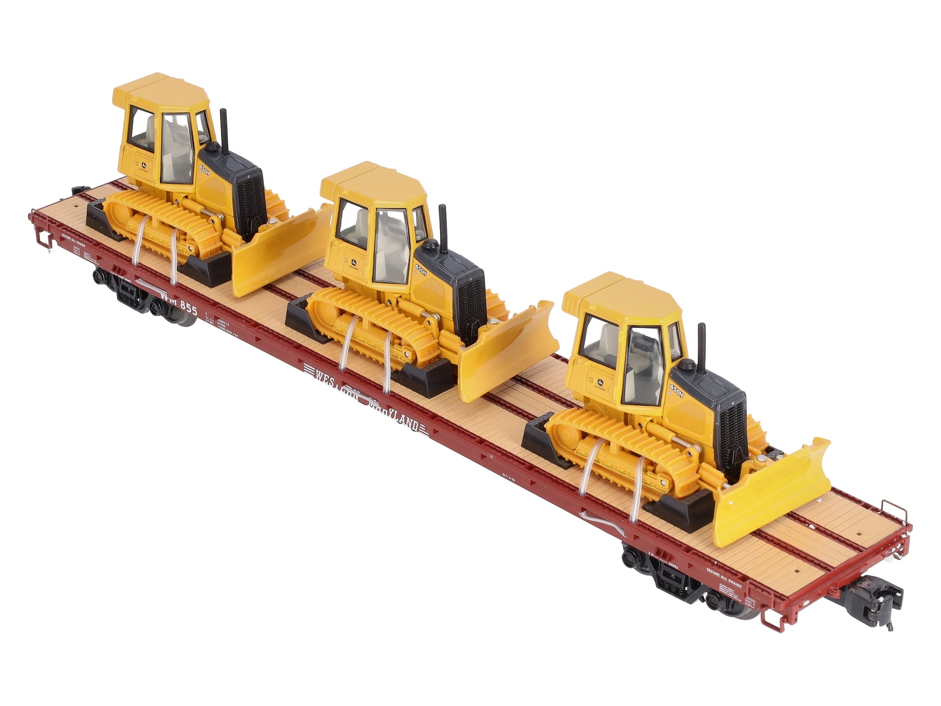 MTH 20-98640 O Western Maryland 60’ Flat Car with 3 John Deere 650H Bull Dozers
