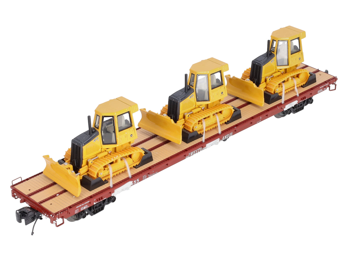 MTH 20-98640 O Western Maryland 60’ Flat Car with 3 John Deere 650H Bull Dozers LN/Box