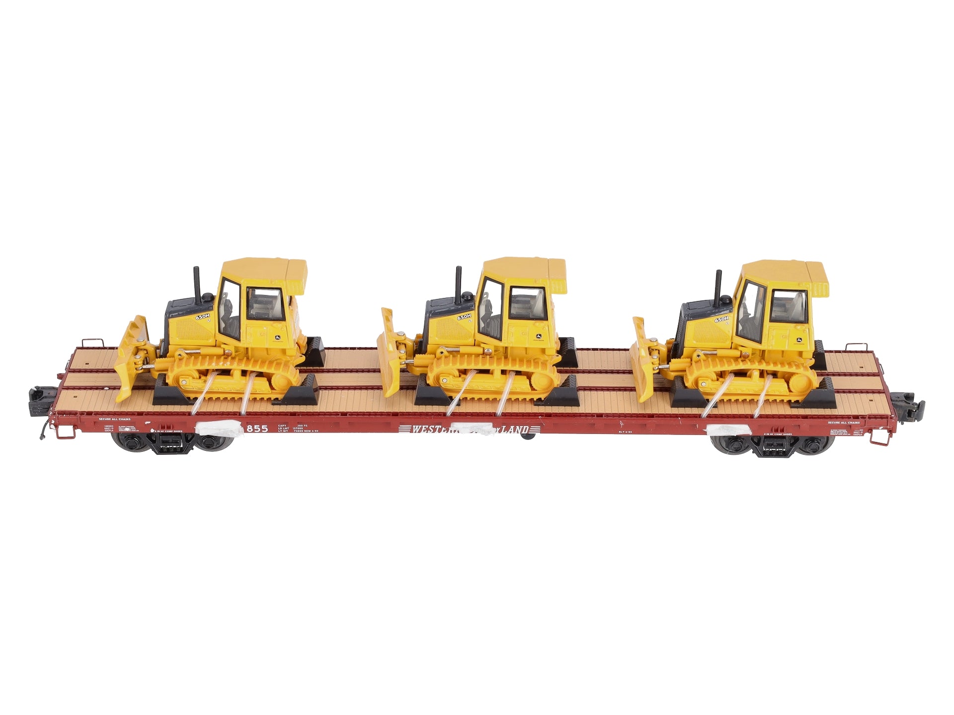 MTH 20-98640 O Western Maryland 60’ Flat Car with 3 John Deere 650H Bull Dozers LN/Box