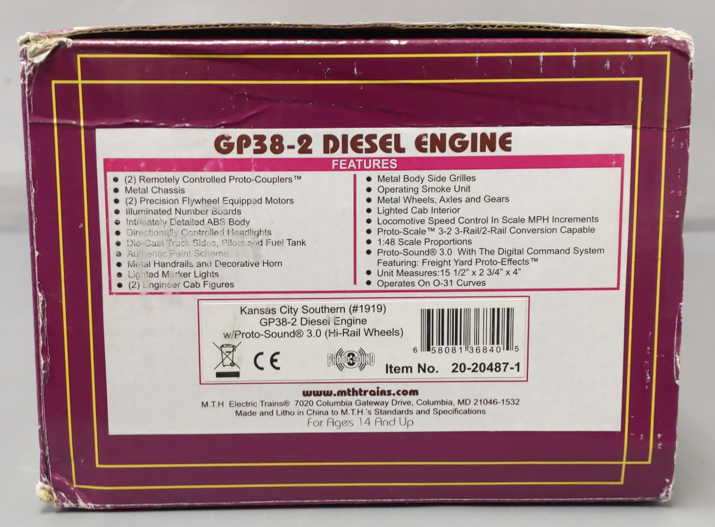 MTH 20-20487-1 O Gauge Kansas City Southern GP38-2 Diesel Engine #1919 with PS3