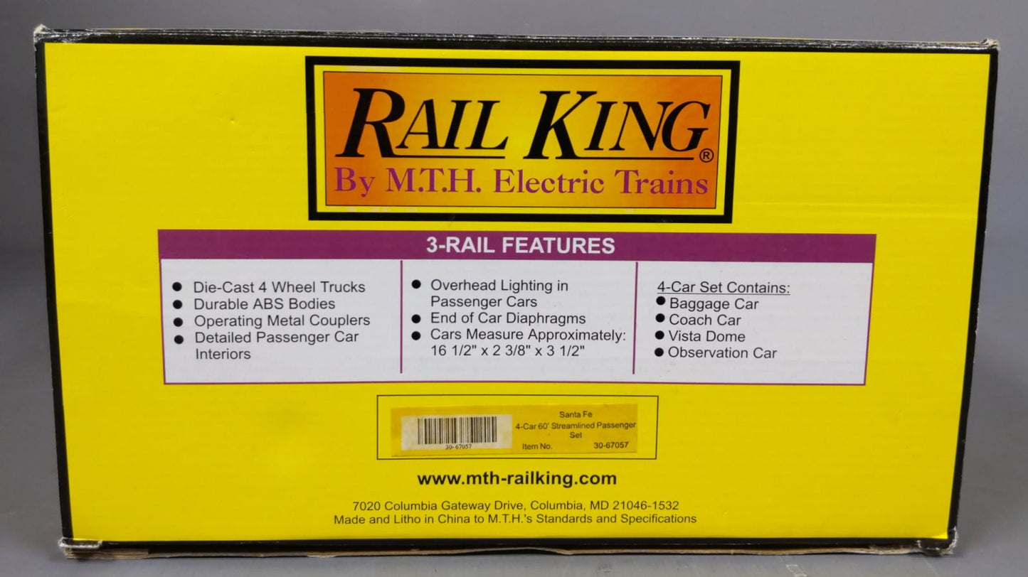 MTH 30-67057 O Santa Fe 60' Streamlined Passenger Set (Set of 4) LN/Box