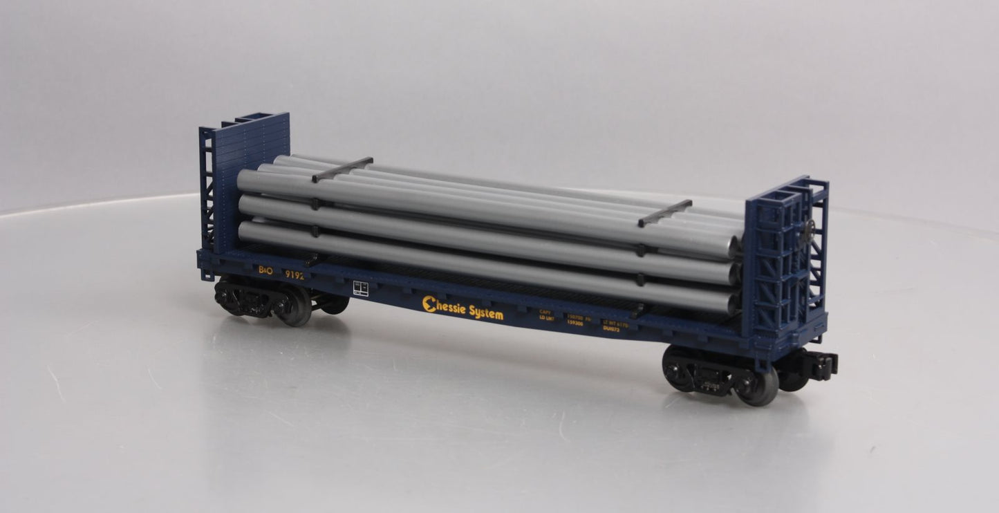 MTH 30-76363 O Gauge Chessie Flat Car w/Bulkheads & Pipe Load #9192
