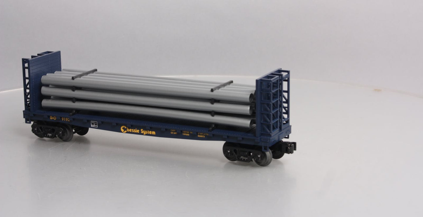 MTH 30-76363 O Gauge Chessie Flat Car w/Bulkheads & Pipe Load #9192