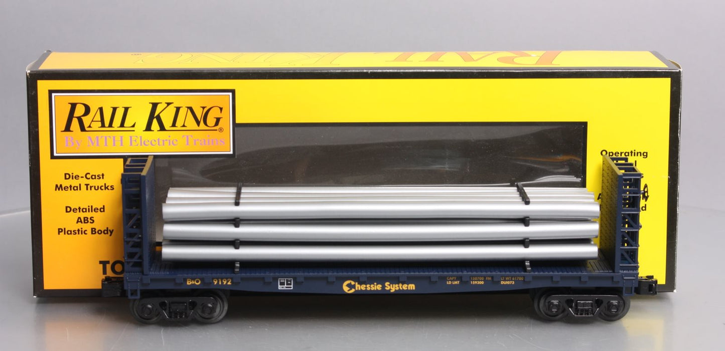 MTH 30-76363 O Chessie Flat Car w/Bulkheads & Pipe Load #9192 LN/Box
