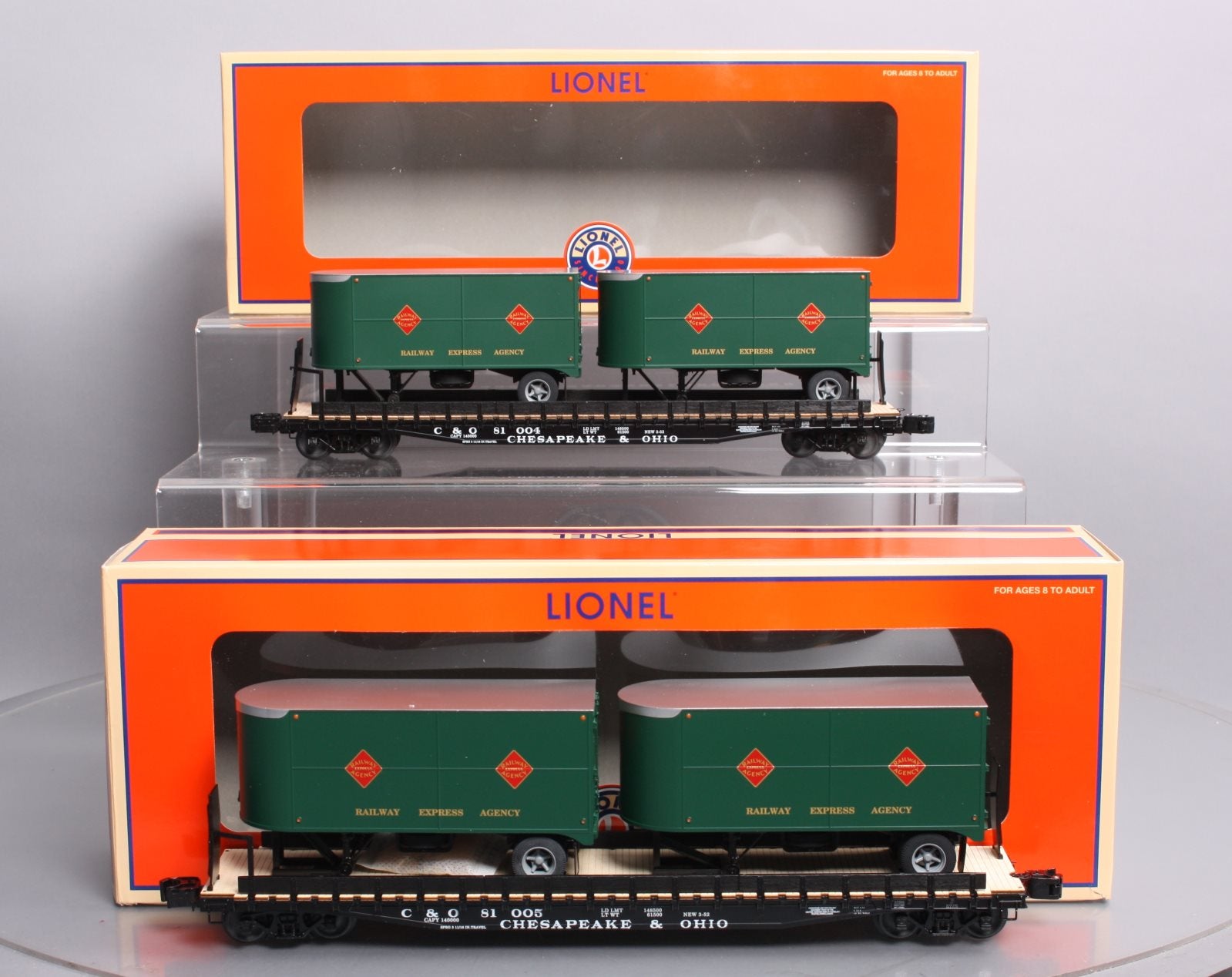 Lionel 6-21897 O C&O PS-4 Flatcars with REA Piggyback Trailers (Set of 2)