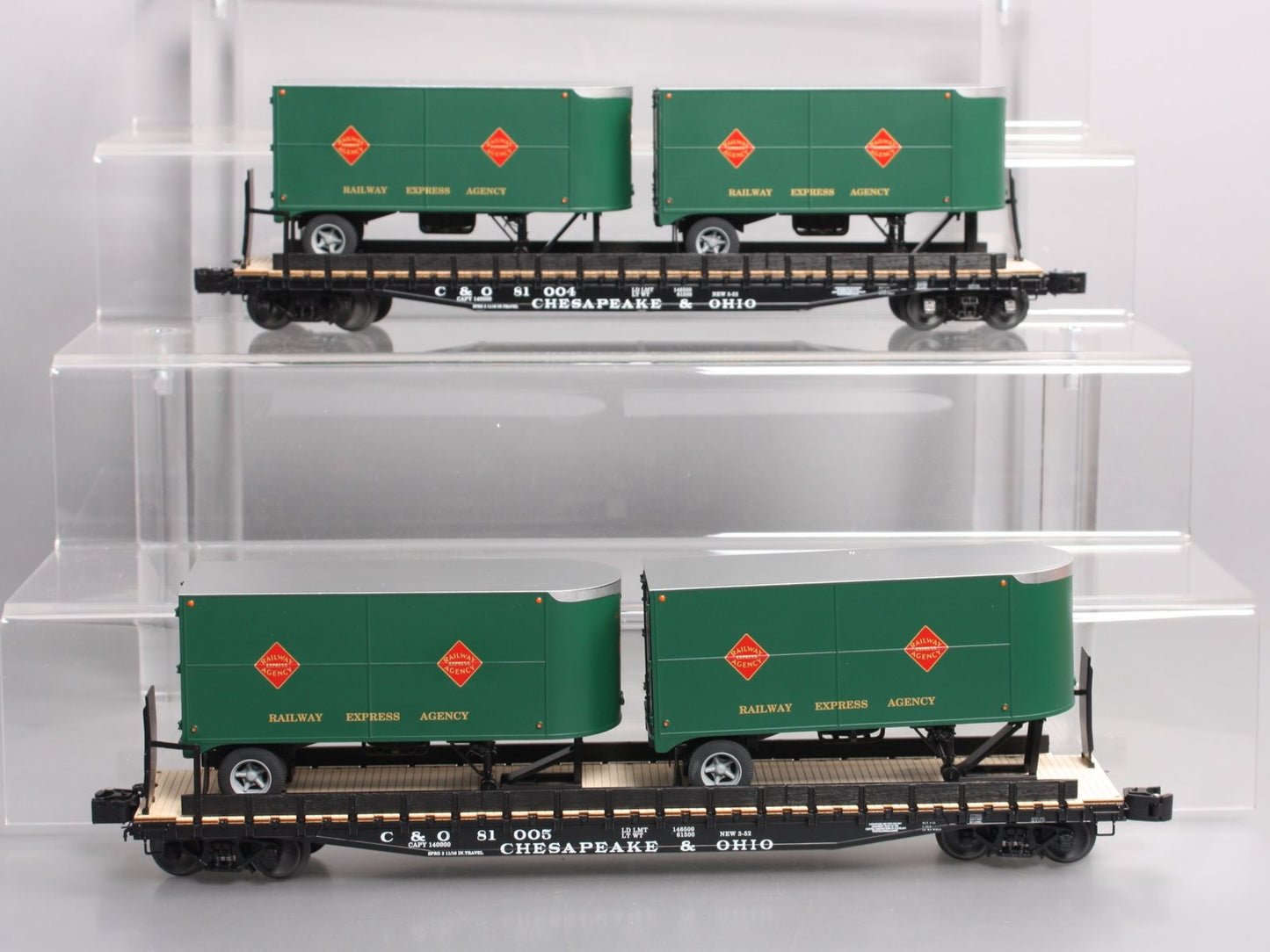 Lionel 6-21897 O C&O PS-4 Flatcars with REA Piggyback Trailers (Set of 2)