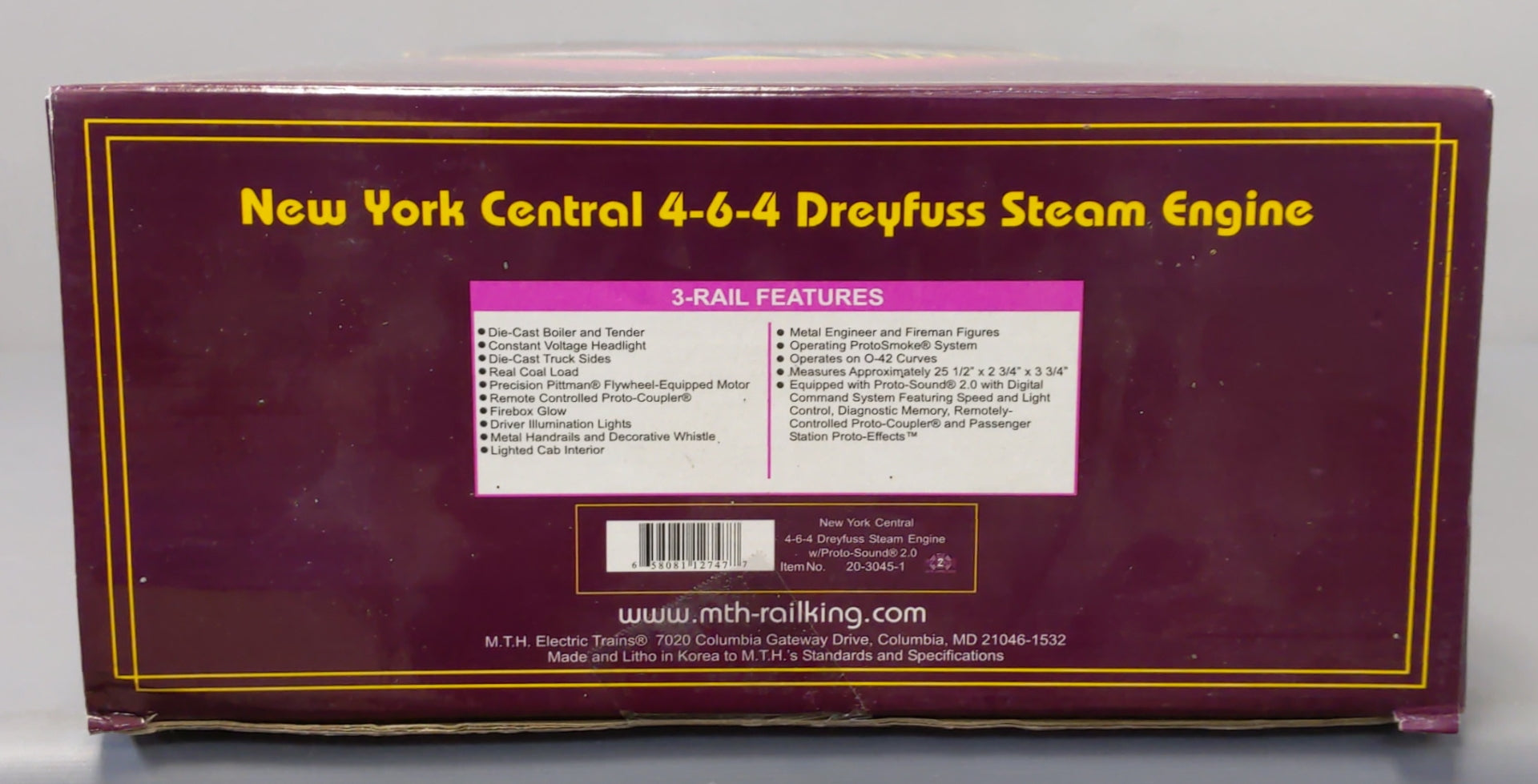 MTH 20-3045-1 O New York Central Dreyfuss Hudson Steam Loco & Tender #5445 wPS2 LN/Box