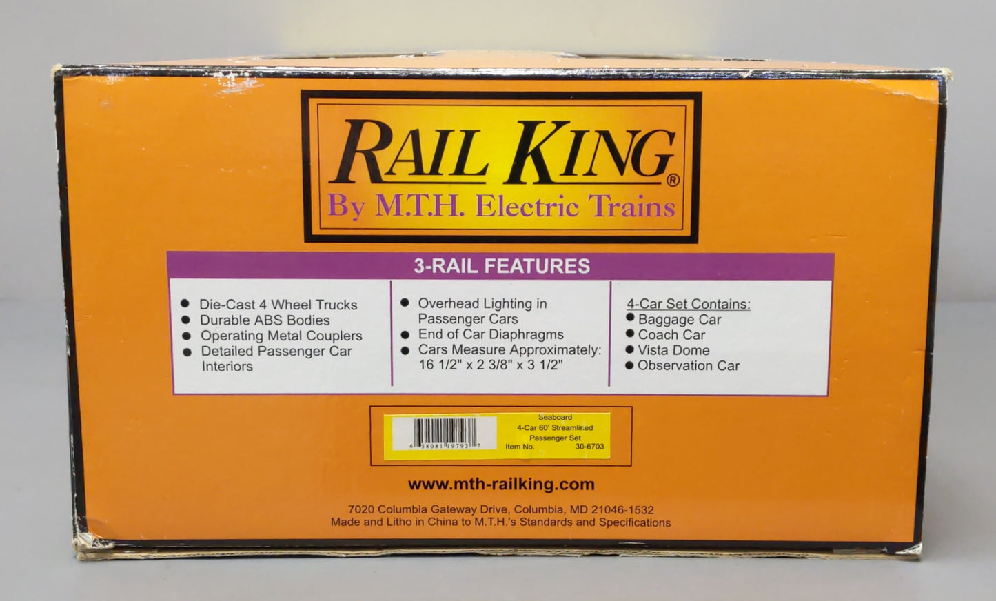 MTH 30-6703 O Seaboard Rail King 60' Streamlined ABS Passenger (Set of 4) NIB