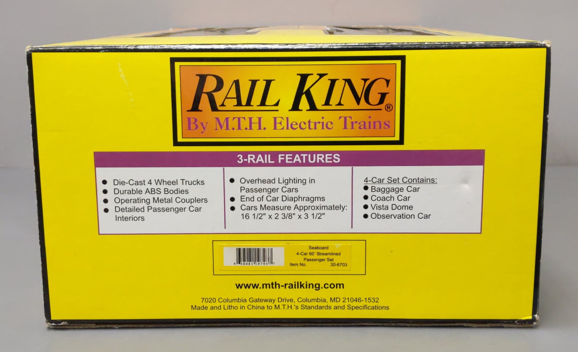 MTH 30-6703 O Seaboard Rail King 60' Streamlined ABS Passenger (Set of 4) NIB